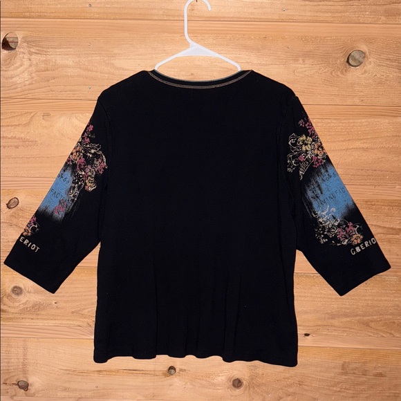 Vanilla Sugar Black tan Blue Graphic 3/4 sleeve Blouse lace Y2K biker chick boho - Picture 2 of 10
